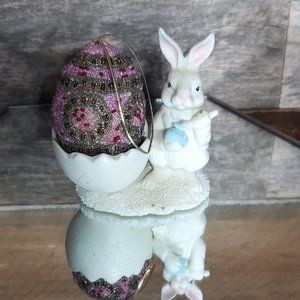 Porcelain Bisque Easter Bunny Egg cup with Beaded Egg Ornament